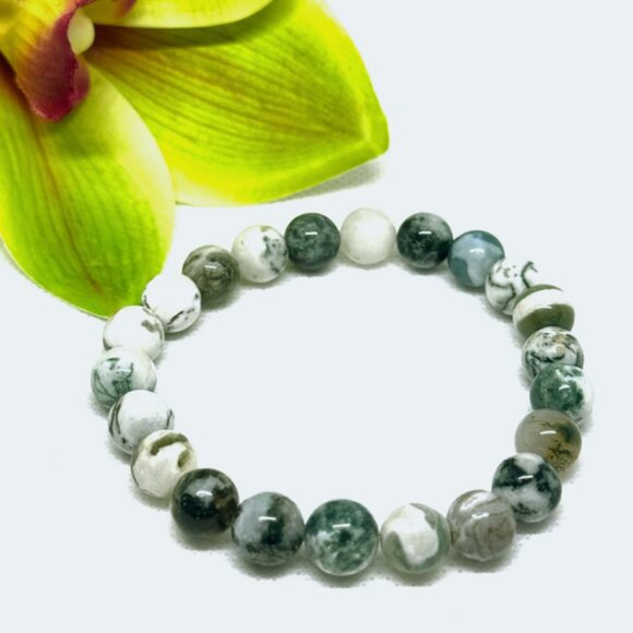 Green Tree Agate Gemstone Bracelet 8MM | Handmade Crystal Healing Jewelry - Picture 5 of 10